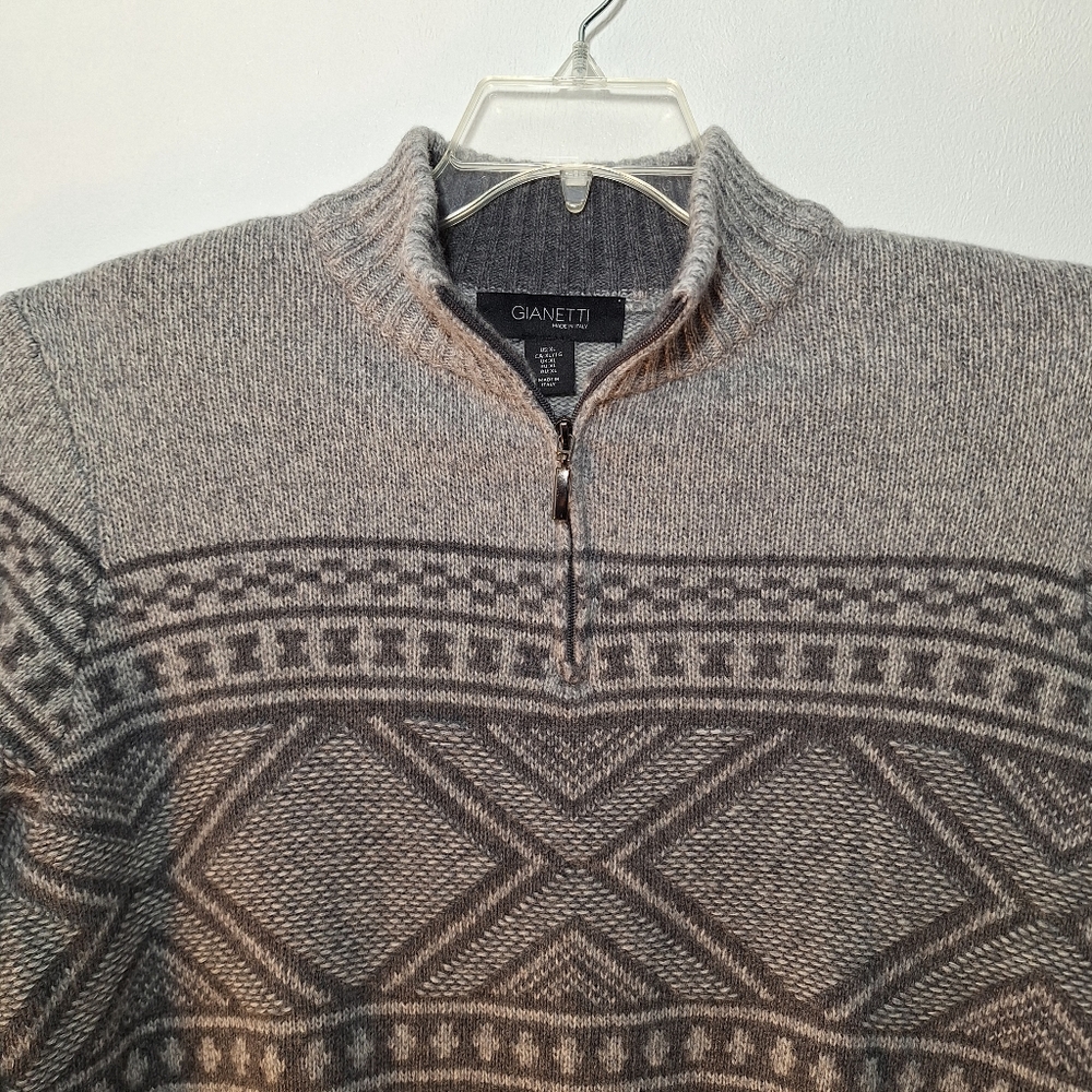 Gianetti 1/4 Zip Wool Blend Sweater Men's XL Diamond Fair Isle Pattern Prep EUC